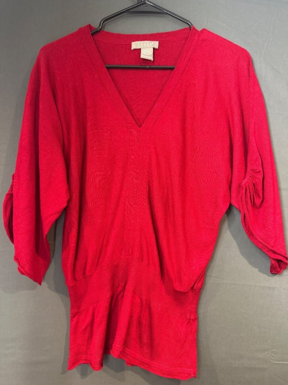 Kenar Women’s S Silk Blend Red V Neck Ruched Sleeve Tunic Sweater Top